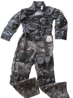 SWAT Tactical Jumpsuit LE Costume Black Gray Camo Child Sz 7-8 Teetot HALLOWEEN